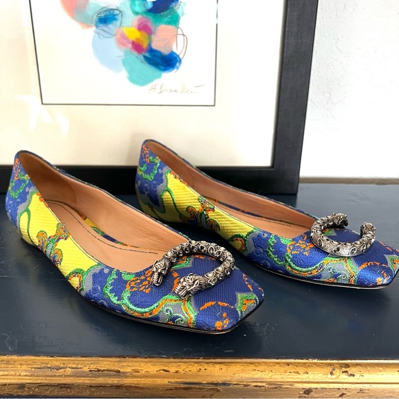 Gucci Dionysus Floral Brocade Ballet Flats In Lime - Size 36 1/2